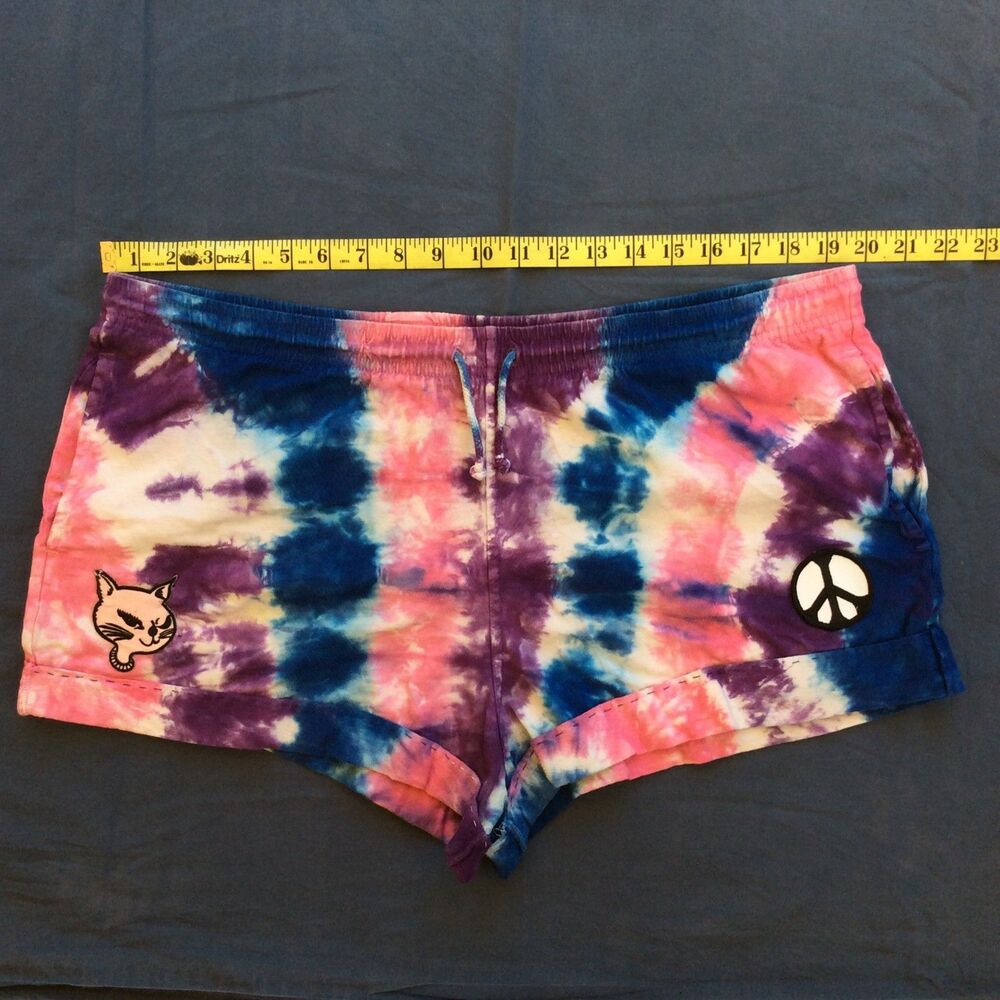 Tie Dye Shorts Pink Purple Blue Women's Medium Handmade Patches Hippie Colorful
